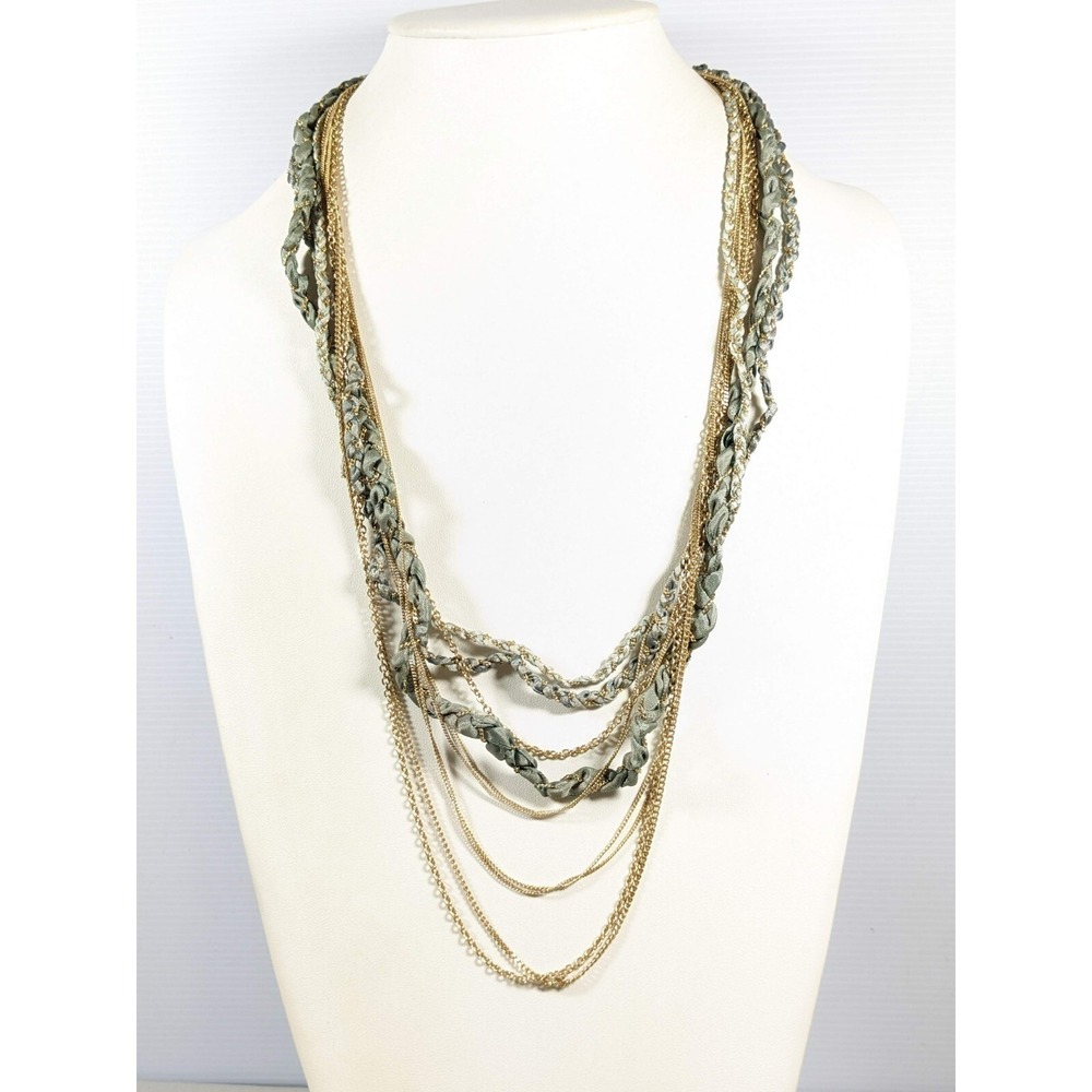 Banana Republic Layered Chain Necklace Gold Tone Ribbon Mixed Media 25"